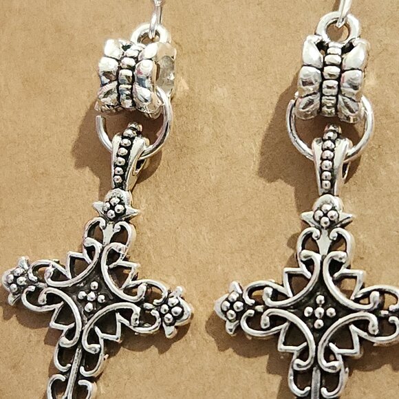 Ornate Baroque / Gothic Silver Tone Cross Earrings - Picture 6 of 7